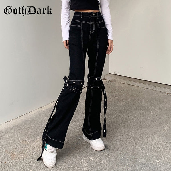 Goth Dark Mall Gothic Grunge Black Jeans Harajuku Punk Wide Leg Women Pants Hip Hop High Waist Bandage Streetwear Rivet Trousers