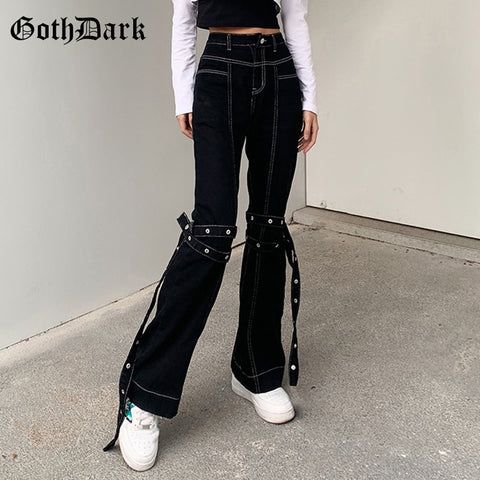 Goth Dark Mall Gothic Grunge Black Jeans Harajuku Punk Wide Leg Women Pants Hip Hop High Waist Bandage Streetwear Rivet Trousers