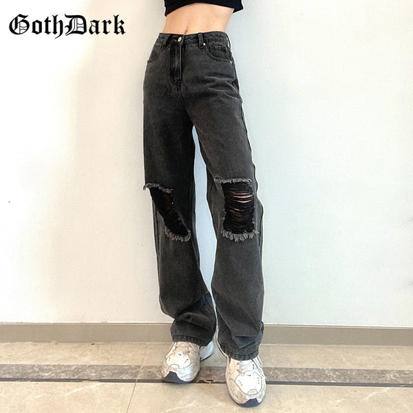 Goth Dark Punk Gothic Wide Leg Grey Women Jeans High Waist Vintage Grunge Hip Hop Hole Denim Pants Summer 90s Streetwear