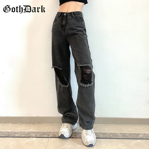 Goth Dark Punk Gothic Wide Leg Grey Women Jeans High Waist Vintage Grunge Hip Hop Hole Denim Pants Summer 90s Streetwear
