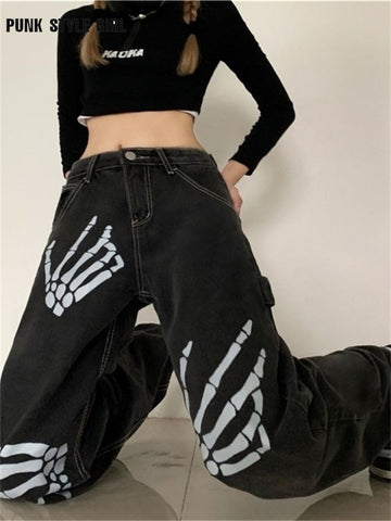Goth Pants E Girl Y2k Skeleton Hands Print Women Oversize 2023 Punk Denim Trousers Streetwear Hip Hop High Gothic Jeans