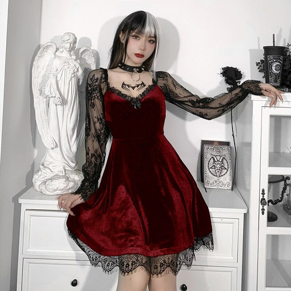 Gothic Autumn 2022 Sexy Lace Stitching Chest Horn Long-sleeved Dress with Ruffles