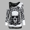 Gothic Casual Women T Shirts Skull Graphic Off Shoulder Two Piece Tee Sets Long Sleeve Spring Fashion Tops Female Clothes D30