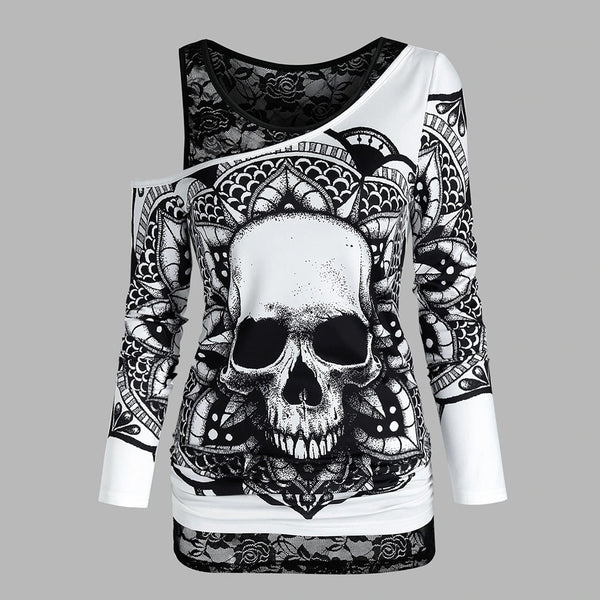 Gothic Casual Women T Shirts Skull Graphic Off Shoulder Two Piece Tee Sets Long Sleeve Spring Fashion Tops Female Clothes D30