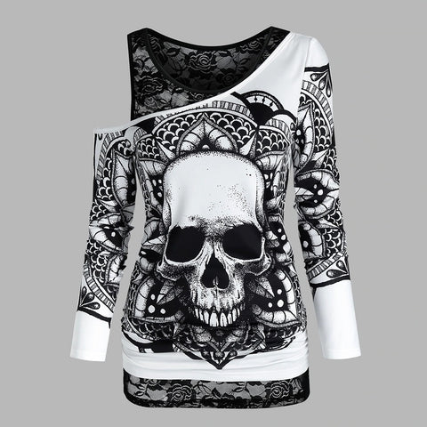 Gothic Casual Women T Shirts Skull Graphic Off Shoulder Two Piece Tee Sets Long Sleeve Spring Fashion Tops Female Clothes D30