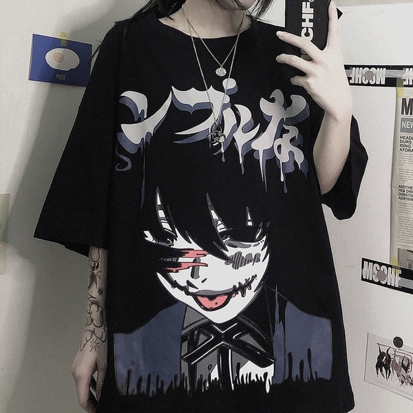 Gothic Emo Black Graphic T Shirts Women Hentai Anime Print Tees Japan Harajuku Oversized Cool Girl Y2K Tops Punk Alt Clothes