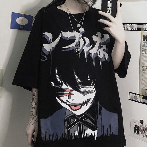 Gothic Emo Black Graphic T Shirts Women Hentai Anime Print Tees Japan Harajuku Oversized Cool Girl Y2K Tops Punk Alt Clothes