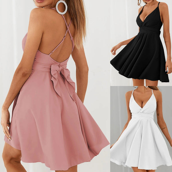 Gothic  Women Dress Ruffle Sleeveless Solid Bow Bandage Casual Dress V-neck Sexy Backless Dress Knee-length Vestido 2022