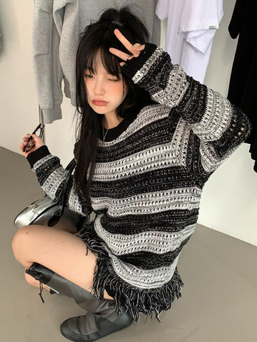 Gothic Harajuku Tassel Sweater Y2k Aesthetics Hollowed Out Striped Pullover E-girl Cute Knit Jumpers Fairy Grunge Japanese Tops
