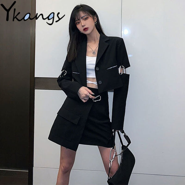 Gothic Hip Hop Streetwear Sexy Basic Patchwork Blazer Korean Y2k Aesthetic Design Simple Solid Black Pocket Cargo Skirts