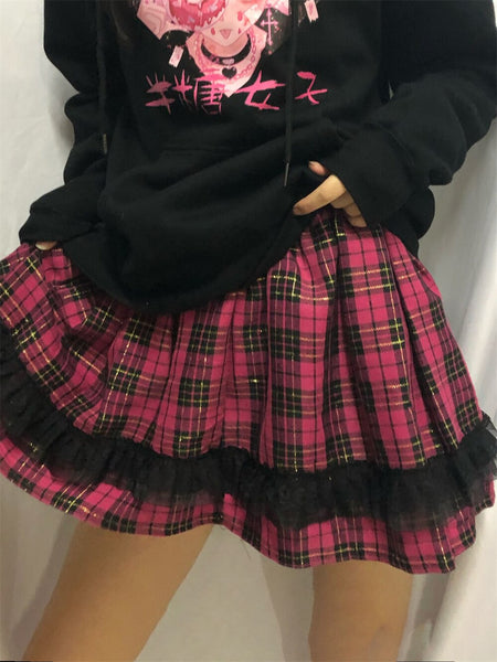 Gothic Lace Lolita Mini Skirt Woman Kawaii Plaid Pleated Pastel Goth Faldas E Girl Clothes Dark Academia Preppy Style Skirts