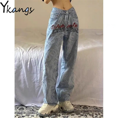 Gothic Letter Fire Embroidery Chain Pattern Full Print Jeans Hippie Hip Hop Punk Women Straight Denim Pants Desigual Y2k Trouser