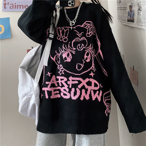 Gothic Loose Anime Print Knitted Sweater Women Harajuku Punk Hip Hop Streetwear O-neck Oversized Long Sleeve Jumper Kawaii Tops