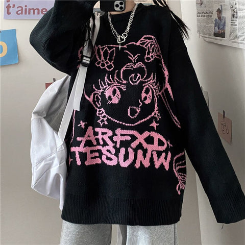 Gothic Loose Anime Print Knitted Sweater Women Harajuku Punk Hip Hop Streetwear O-neck Oversized Long Sleeve Jumper Kawaii Tops