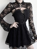 Gothic Mesh Lace Up Dresses with Bandage Women Fairy Grunge Slim Fit Long Sleeve Dresses Egirl See-through Femme Backless Robe