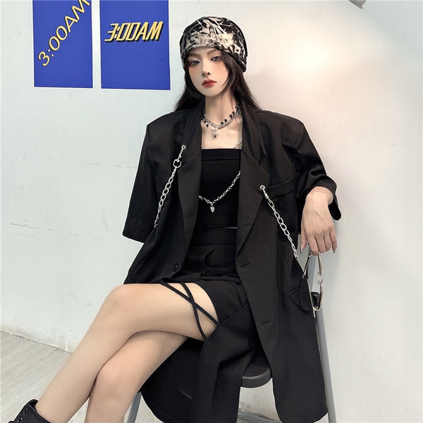 Gothic Punk Black Blazer Jacket Coat Women 2022 Summer Short Sleeve High Street Outwear Back See Through Mesh Design Top