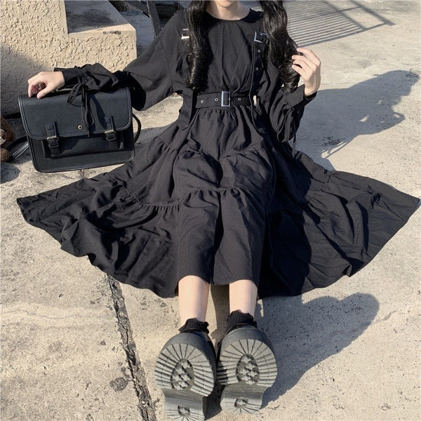 Gothic Style Dress Women Harajuku Gothic Lolita Kawaii Dress Punk Cute Long Sleeve Black Midi Dress 2022 Emo Mall Goth