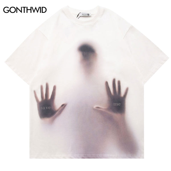 Gothic T-Shirt Streetwear Ghost Print Punk Rock Tshirt Hip Hop Harajuku Casual Loose Shirts 2023 Men Summer Tee Top