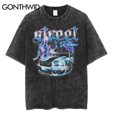 Gothic T Shirts Streetwear Hip Hop Vintage Lightning Car Print Tshirts 2023 Mens Harajuku Casual Punk Cotton Short Sleeve Tees