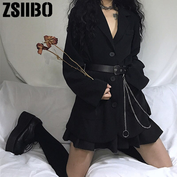 Gothic Women Single Breasted Long Blazers 2022 Office Lady Small Suit Jacket Ladies Leisure Sashes Blazer Loose Coat Streetwear