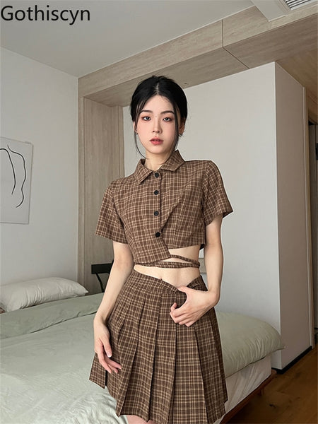 Gothiscyn Preppy Women Set Crop Plaid Blouse + Mini Skirt 2 Pieces Suit Summer Uniform Office Lady Skirt Suits Elegant Sets