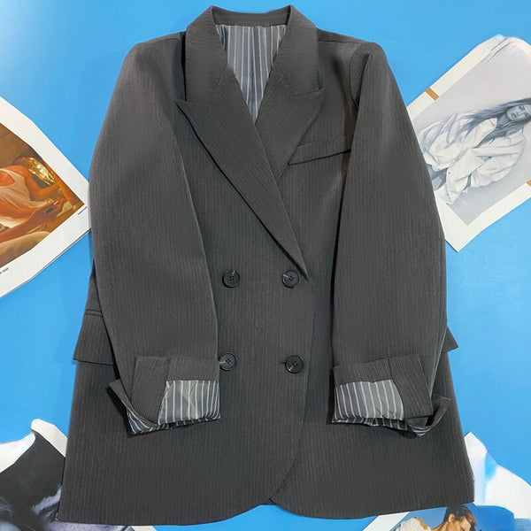 Gray Women Blazers Autumn Winter 2023 Double Breasted Loose Pocket Long-Sleeved Elegant Office Lady Outwear Coats Tops