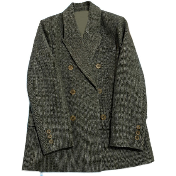Gray Woolen Suit Jacket Women's Clothing 2023 Autumn Winter Korean Herringbone Pattern Double-breasted Blazers Coat fp344