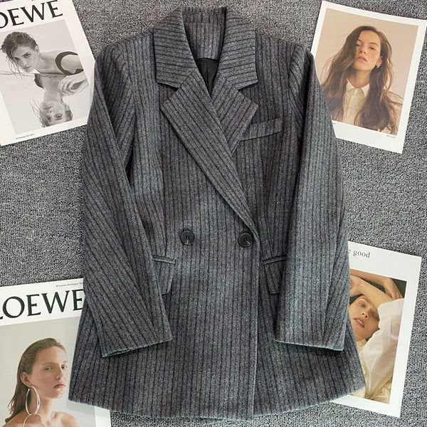 Gray Woolen Suit Jackets Women's Clothing 2023 Autumn Winter Korean Herringbone Pattern Double-breasted Blazers Coats jp337
