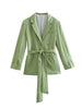 Green Blazer Women Double Breasted Long Sleeve Autumn Winter Coat With Belt bleizer femenino elegante