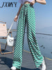 Green Checkerboard Women's 2023 Spring And Summer Slim Casual Straight-Leg Pants Loose Drape High-Waisted Wide-Leg Pants