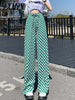 Green Checkerboard Women's 2023 Spring And Summer Slim Casual Straight-Leg Pants Loose Drape High-Waisted Wide-Leg Pants