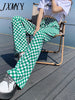 Green Checkerboard Women's 2023 Spring And Summer Slim Casual Straight-Leg Pants Loose Drape High-Waisted Wide-Leg Pants