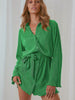 Green Shirt Dress Women Loose Belted Long Sleeve Dress Summer Lapel Lace Up Pleated Dress Casual Elegant Solid Vestidos