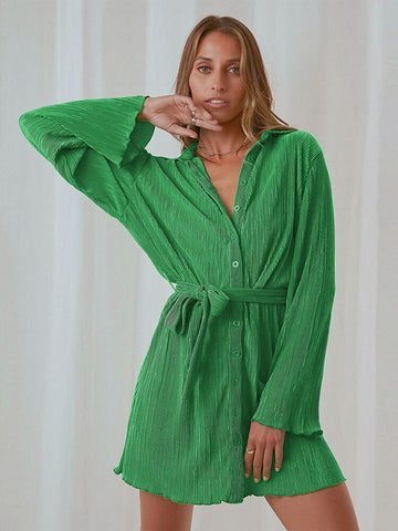 Green Shirt Dress Women Loose Belted Long Sleeve Dress Summer Lapel Lace Up Pleated Dress Casual Elegant Solid Vestidos