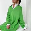 Green Knitted Sweater Women Solid V-neck Oversize Long Sweaters Pullover Casual Loose Drop Shoulder Knitwear Jumpers