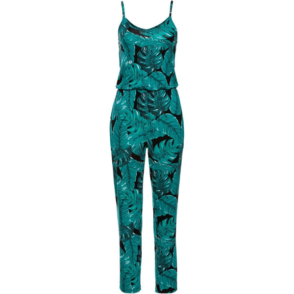 Green Leaf Printed Summer Beach Rompers Backless Women Jumpsuits Tight Long Pants Sexy V-neck Bandage Vintage Garment Playsuits