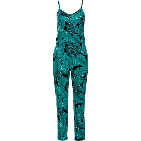 Green Leaf Printed Summer Beach Rompers Backless Women Jumpsuits Tight Long Pants Sexy V-neck Bandage Vintage Garment Playsuits