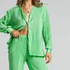 Green Loose Homewear Suit Elegant Women Outifit Casual 2 Piece Set Autumn Long Sleeve Blouse And Pant Set Solid Pleat Tracksuit