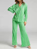 Green Loose Homewear Suit Elegant Women Outifit Casual 2 Piece Set Autumn Long Sleeve Blouse And Pant Set Solid Pleat Tracksuit
