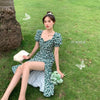 Green Square Collar Puff Short Sleeve Floral Print Dress Women High Waist Slim Sexy Split Midi Dress Female Summer Korean Dress