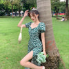 Green Square Collar Puff Short Sleeve Floral Print Dress Women High Waist Slim Sexy Split Midi Dress Female Summer Korean Dress