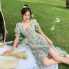 Green Square Collar Puff Short Sleeve Floral Print Dress Women High Waist Slim Sexy Split Midi Dress Female Summer Korean Dress
