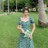 Green Square Collar Puff Short Sleeve Floral Print Dress Women High Waist Slim Sexy Split Midi Dress Female Summer Korean Dress