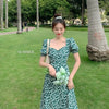 Green Square Collar Puff Short Sleeve Floral Print Dress Women High Waist Slim Sexy Split Midi Dress Female Summer Korean Dress