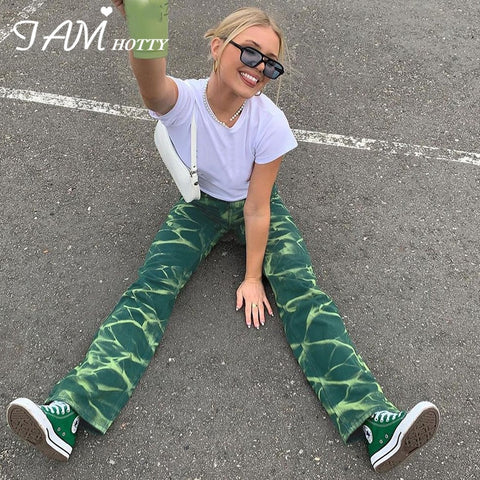 Green Tie Dye Print Straight Mom Jeans Women Harajuku Vintage High Waist Baggy Wide Denim Pants Long Painted Trousers Iamhotty