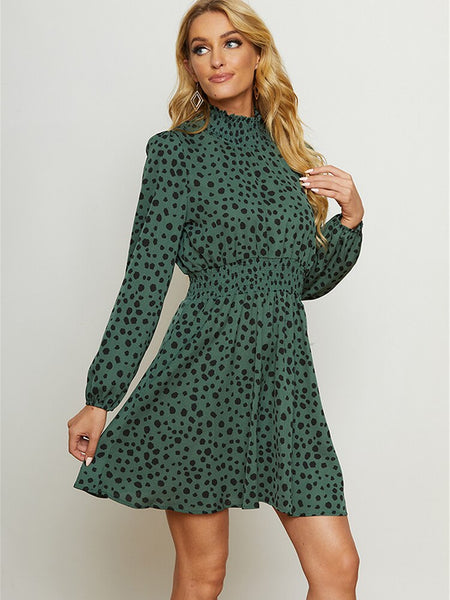 Green Women Dress Autumn Print Ruffle Mini Dress Casual Dalmatian Long Sleeve Party Dress Female Boho O Neck Elegant Dress