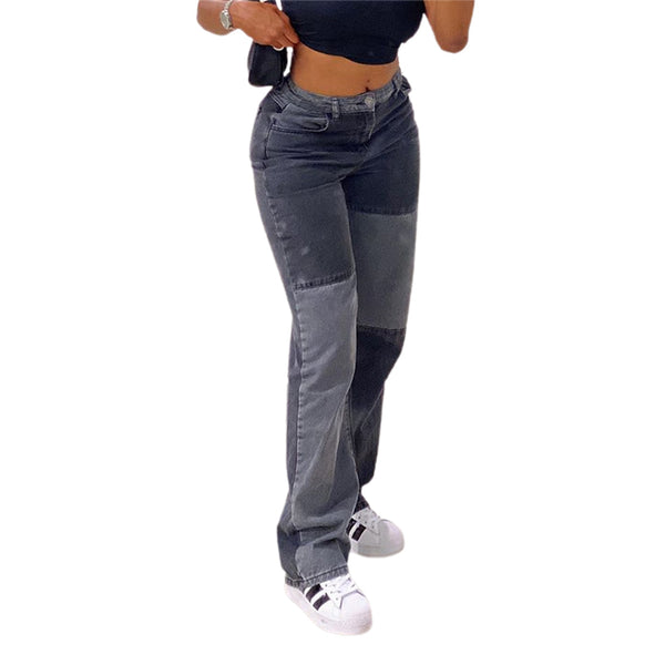 Grey Black Patchwork Straight Jeans Woman High Waist Pockets Boyfriend Classic Streetwear Y2K Black Pants 90s Loose Denim Jean