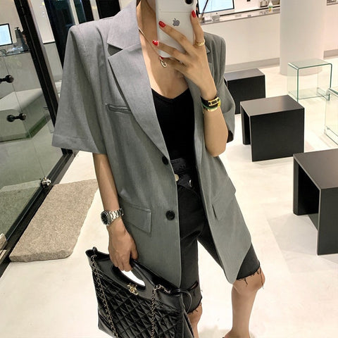 Grey Korean Vintage Women Blazers Jackets Short Sleeve Notched Collar Single-breasted Loose Solid Female Blazers Coats