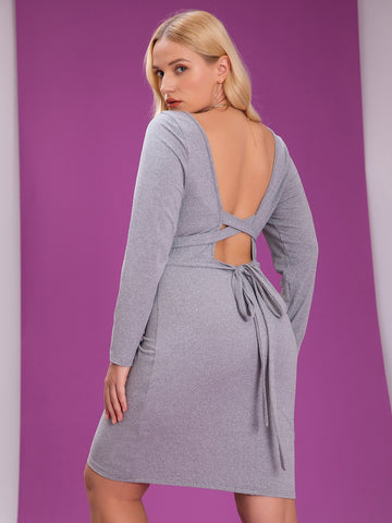 Grey Plus Size 4XL Midi Dress Women Autumn Winter 2023 Backless Long Sleeve Bodycon Elegant Casual Sexy Curvy Party Dresses