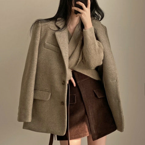 Grey Solid Colors Single Breasted Loose Suit Woman Spring Office Work Long Sleeve Blazer Women Korea Style Casual Blazer